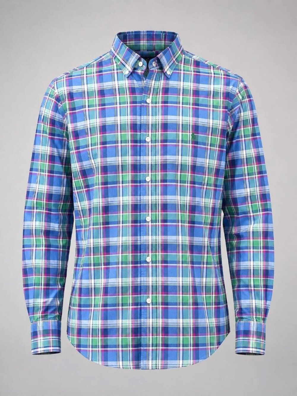 Polo Ralph Lauren Men's Medium Shirt Blue Green Plaid Button-Down Slim Fit